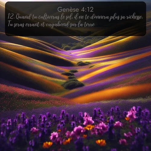 Segond Genèse  ; image nature: image avec le verset biblique :Quand tu cultiveras le sol, il ne te donnera plus sa richesse. Tu seras errant et vagabond sur la terre. ;  ; 4:12