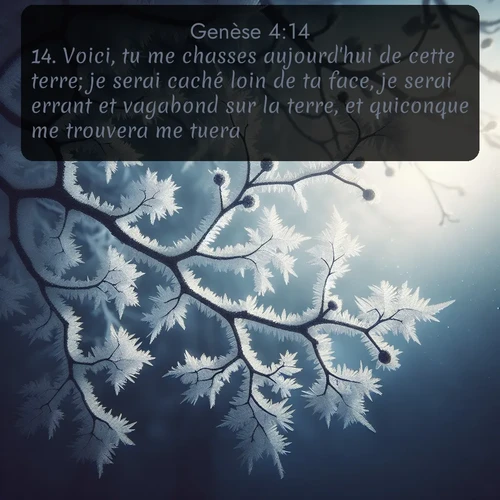 Segond Genèse  ; image nature: image avec le verset biblique :Voici, tu me chasses aujourd&#039;hui de cette terre; je serai caché loin de ta face, je serai errant et vagabond sur la terre, et quiconque me trouvera me tuera. ;  ; 4:14