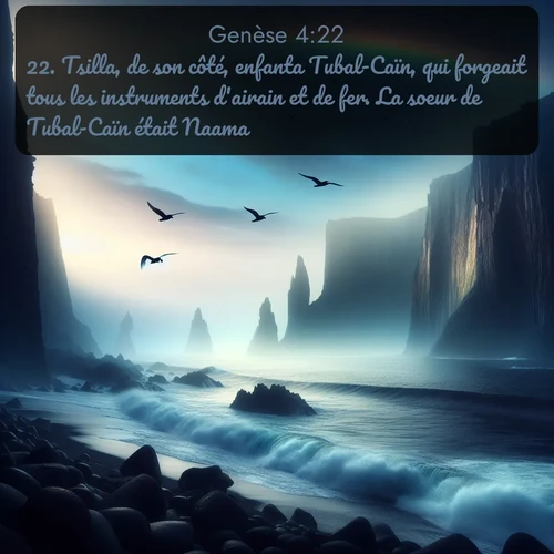 Segond Genèse  ; image nature: image avec le verset biblique :Tsilla, de son côté, enfanta Tubal-Caïn, qui forgeait tous les instruments d&#039;airain et de fer. La soeur de Tubal-Caïn était Naama. ;  ; 4:22