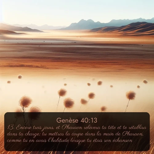 Segond Genèse  ; image nature: image avec le verset biblique :Encore trois jours, et Pharaon relèvera ta tête et te rétablira dans ta charge; tu mettras la coupe dans la main de Pharaon, comme tu en avais l&#039;habitude lorsque tu étais son échanson. ;  ; 40:13