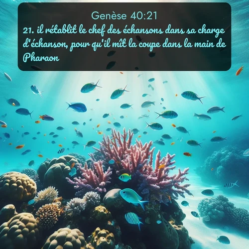 Segond Genèse  ; image nature: image avec le verset biblique :il rétablit le chef des échansons dans sa charge d&#039;échanson, pour qu&#039;il mît la coupe dans la main de Pharaon; ;  ; 40:21