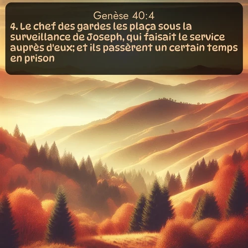 Segond Genèse  ; image nature: image avec le verset biblique :Le chef des gardes les plaça sous la surveillance de Joseph, qui faisait le service auprès d&#039;eux; et ils passèrent un certain temps en prison. ;  ; 40:4