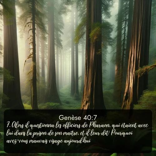 Segond Genèse  ; image nature: image avec le verset biblique :Alors il questionna les officiers de Pharaon, qui étaient avec lui dans la prison de son maître, et il leur dit: Pourquoi avez-vous mauvais visage aujourd&#039;hui? ;  ; 40:7