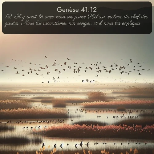 Segond Genèse  ; image nature: image avec le verset biblique :Il y avait là avec nous un jeune Hébreu, esclave du chef des gardes. Nous lui racontâmes nos songes, et il nous les expliqua. ;  ; 41:12