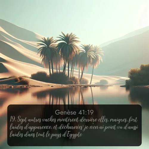 Segond Genèse  ; image nature: image avec le verset biblique :Sept autres vaches montèrent derrière elles, maigres, fort laides d&#039;apparence, et décharnées: je n&#039;en ai point vu d&#039;aussi laides dans tout le pays d&#039;Egypte. ;  ; 41:19