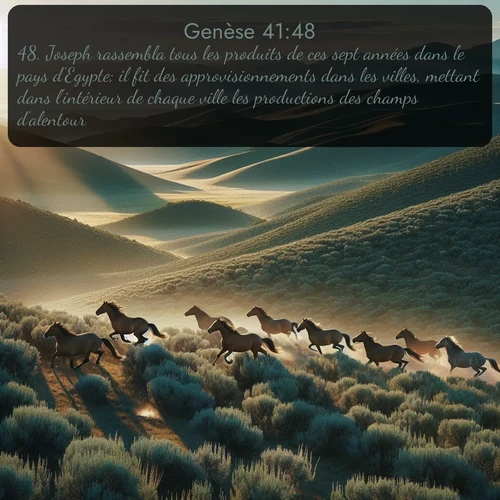 Segond Genèse  ; image nature: image avec le verset biblique :Joseph rassembla tous les produits de ces sept années dans le pays d&#039;Egypte; il fit des approvisionnements dans les villes, mettant dans l&#039;intérieur de chaque ville les productions des champs d&#039;alentour. ;  ; 41:48