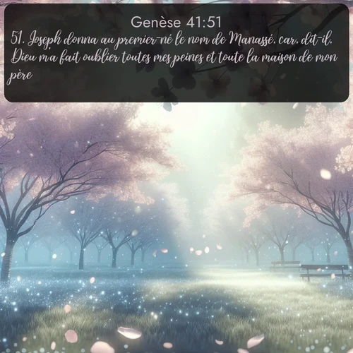 Segond Genèse  ; image nature: image avec le verset biblique :Joseph donna au premier-né le nom de Manassé, car, dit-il, Dieu m&#039;a fait oublier toutes mes peines et toute la maison de mon père. ;  ; 41:51