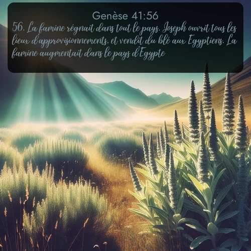 Segond Genèse  ; image nature: image avec le verset biblique :La famine régnait dans tout le pays. Joseph ouvrit tous les lieux d&#039;approvisionnements, et vendit du blé aux Egyptiens. La famine augmentait dans le pays d&#039;Egypte. ;  ; 41:56