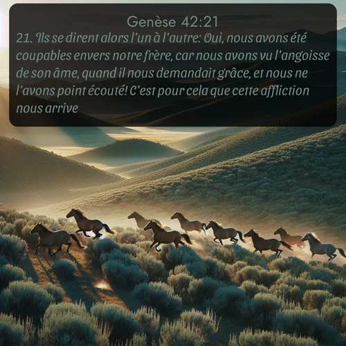 Segond Genèse  ; image nature: image avec le verset biblique :Ils se dirent alors l&#039;un à l&#039;autre: Oui, nous avons été coupables envers notre frère, car nous avons vu l&#039;angoisse de son âme, quand il nous demandait grâce, et nous ne l&#039;avons point écouté! C&#039;est pour cela que cette affliction nous arrive. ;  ; 42:21