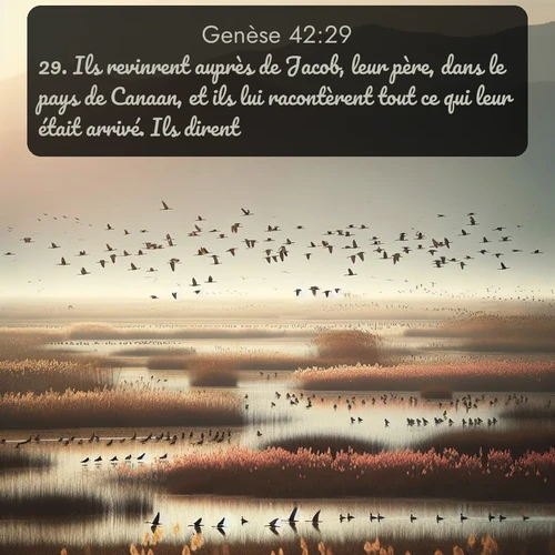 Segond Genèse  ; image nature: image avec le verset biblique :Ils revinrent auprès de Jacob, leur père, dans le pays de Canaan, et ils lui racontèrent tout ce qui leur était arrivé. Ils dirent: ;  ; 42:29