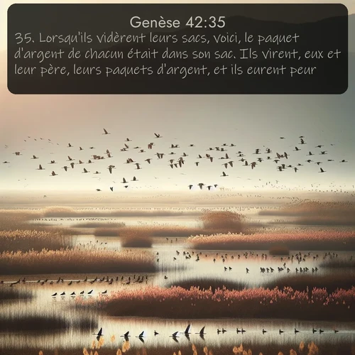 Segond Genèse  ; image nature: image avec le verset biblique :Lorsqu&#039;ils vidèrent leurs sacs, voici, le paquet d&#039;argent de chacun était dans son sac. Ils virent, eux et leur père, leurs paquets d&#039;argent, et ils eurent peur. ;  ; 42:35