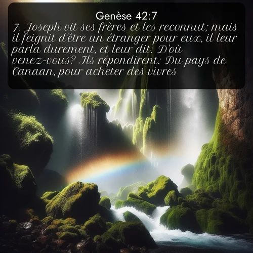 Segond Genèse  ; image nature: image avec le verset biblique :Joseph vit ses frères et les reconnut; mais il feignit d&#039;être un étranger pour eux, il leur parla durement, et leur dit: D&#039;où venez-vous? Ils répondirent: Du pays de Canaan, pour acheter des vivres. ;  ; 42:7