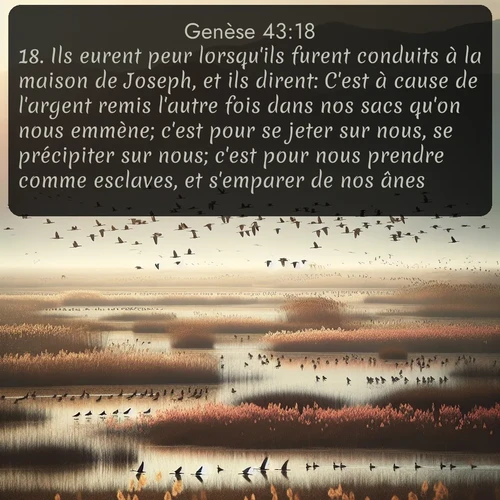 Segond Genèse  ; image nature: image avec le verset biblique :Ils eurent peur lorsqu&#039;ils furent conduits à la maison de Joseph, et ils dirent: C&#039;est à cause de l&#039;argent remis l&#039;autre fois dans nos sacs qu&#039;on nous emmène; c&#039;est pour se jeter sur nous, se précipiter sur nous; c&#039;est pour nous prendre comme esclaves, et s&#039;emparer de nos ânes. ;  ; 43:18
