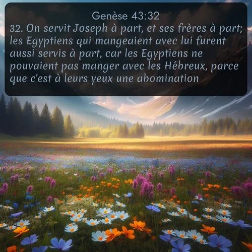 Segond Genèse  ; image nature: image avec le verset biblique :On servit Joseph à part, et ses frères à part; les Egyptiens qui mangeaient avec lui furent aussi servis à part, car les Egyptiens ne pouvaient pas manger avec les Hébreux, parce que c&#039;est à leurs yeux une abomination. ;  ; 43:32