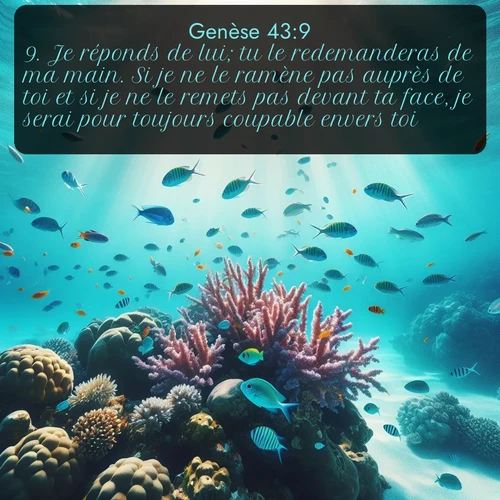 Segond Genèse  ; image nature: image avec le verset biblique :Je réponds de lui; tu le redemanderas de ma main. Si je ne le ramène pas auprès de toi et si je ne le remets pas devant ta face, je serai pour toujours coupable envers toi. ;  ; 43:9