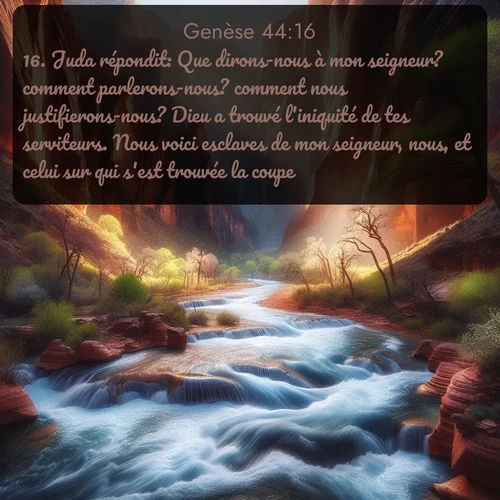 Segond Genèse  ; image nature: image avec le verset biblique :Juda répondit: Que dirons-nous à mon seigneur? comment parlerons-nous? comment nous justifierons-nous? Dieu a trouvé l&#039;iniquité de tes serviteurs. Nous voici esclaves de mon seigneur, nous, et celui sur qui s&#039;est trouvée la coupe. ;  ; 44:16