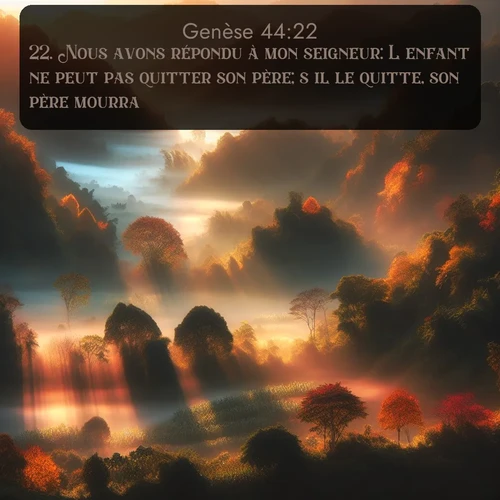 Segond Genèse  ; image nature: image avec le verset biblique :Nous avons répondu à mon seigneur: L&#039;enfant ne peut pas quitter son père; s&#039;il le quitte, son père mourra. ;  ; 44:22