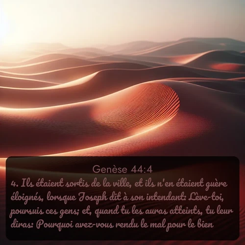 Segond Genèse  ; image nature: image avec le verset biblique :Ils étaient sortis de la ville, et ils n&#039;en étaient guère éloignés, lorsque Joseph dit à son intendant: Lève-toi, poursuis ces gens; et, quand tu les auras atteints, tu leur diras: Pourquoi avez-vous rendu le mal pour le bien? ;  ; 44:4