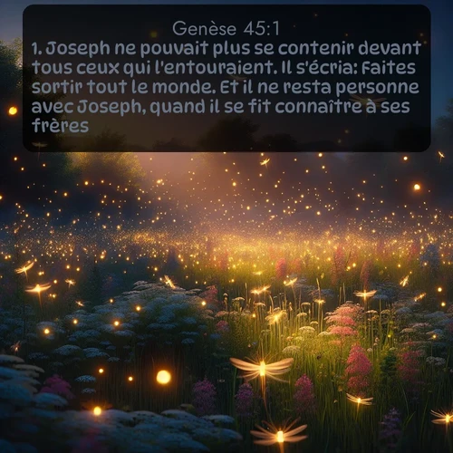 Segond Genèse  ; image nature: image avec le verset biblique :Joseph ne pouvait plus se contenir devant tous ceux qui l&#039;entouraient. Il s&#039;écria: Faites sortir tout le monde. Et il ne resta personne avec Joseph, quand il se fit connaître à ses frères. ;  ; 45:1