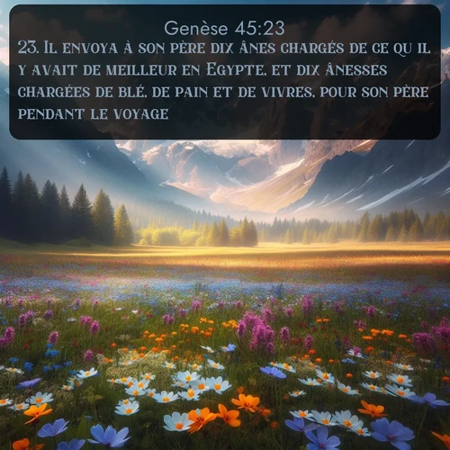 Segond Genèse  ; image nature: image avec le verset biblique :Il envoya à son père dix ânes chargés de ce qu&#039;il y avait de meilleur en Egypte, et dix ânesses chargées de blé, de pain et de vivres, pour son père pendant le voyage. ;  ; 45:23