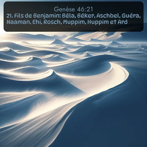 Segond Genèse  ; image nature: image avec le verset biblique :Fils de Benjamin: Béla, Béker, Aschbel, Guéra, Naaman, Ehi, Rosch, Muppim, Huppim et Ard. ;  ; 46:21