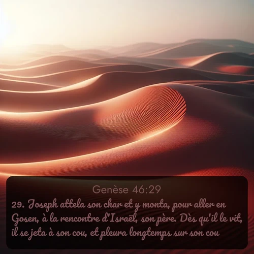 Segond Genèse  ; image nature: image avec le verset biblique :Joseph attela son char et y monta, pour aller en Gosen, à la rencontre d&#039;Israël, son père. Dès qu&#039;il le vit, il se jeta à son cou, et pleura longtemps sur son cou. ;  ; 46:29