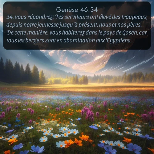 Segond Genèse  ; image nature: image avec le verset biblique :vous répondrez: Tes serviteurs ont élevé des troupeaux, depuis notre jeunesse jusqu&#039;à présent, nous et nos pères. De cette manière, vous habiterez dans le pays de Gosen, car tous les bergers sont en abomination aux Egyptiens. ;  ; 46:34