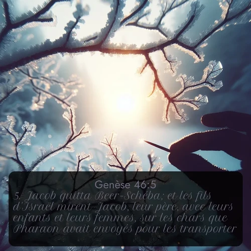 Segond Genèse  ; image nature: image avec le verset biblique :Jacob quitta Beer-Schéba; et les fils d&#039;Israël mirent Jacob, leur père, avec leurs enfants et leurs femmes, sur les chars que Pharaon avait envoyés pour les transporter. ;  ; 46:5