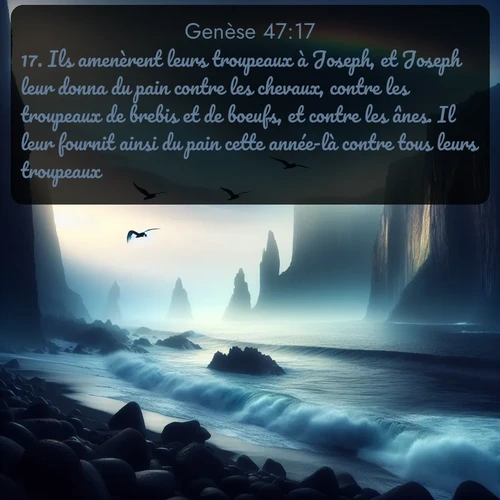 Segond Genèse  ; image nature: image avec le verset biblique :Ils amenèrent leurs troupeaux à Joseph, et Joseph leur donna du pain contre les chevaux, contre les troupeaux de brebis et de boeufs, et contre les ânes. Il leur fournit ainsi du pain cette année-là contre tous leurs troupeaux. ;  ; 47:17