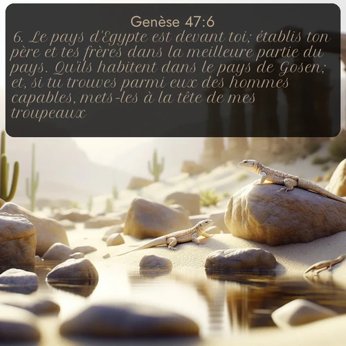 Segond Genèse  ; image nature: image avec le verset biblique :Le pays d&#039;Egypte est devant toi; établis ton père et tes frères dans la meilleure partie du pays. Qu&#039;ils habitent dans le pays de Gosen; et, si tu trouves parmi eux des hommes capables, mets-les à la tête de mes troupeaux. ;  ; 47:6