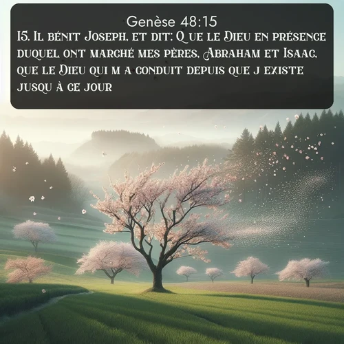 Segond Genèse  ; image nature: image avec le verset biblique :Il bénit Joseph, et dit: Que le Dieu en présence duquel ont marché mes pères, Abraham et Isaac, que le Dieu qui m&#039;a conduit depuis que j&#039;existe jusqu&#039;à ce jour, ;  ; 48:15