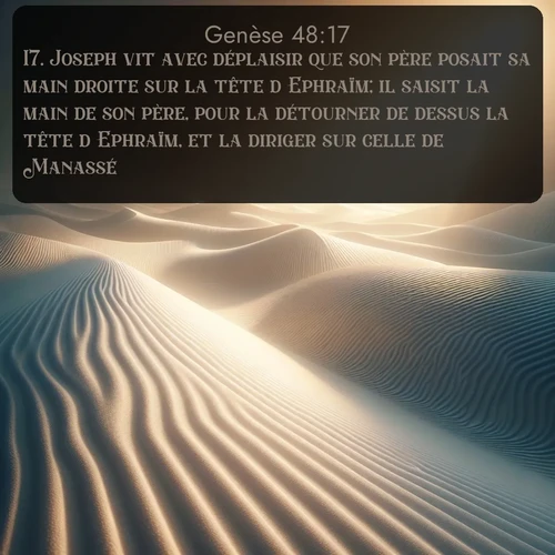 Segond Genèse  ; image nature: image avec le verset biblique :Joseph vit avec déplaisir que son père posait sa main droite sur la tête d&#039;Ephraïm; il saisit la main de son père, pour la détourner de dessus la tête d&#039;Ephraïm, et la diriger sur celle de Manassé. ;  ; 48:17
