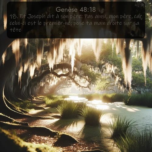 Segond Genèse  ; image nature: image avec le verset biblique :Et Joseph dit à son père: Pas ainsi, mon père, car celui-ci est le premier-né; pose ta main droite sur sa tête. ;  ; 48:18