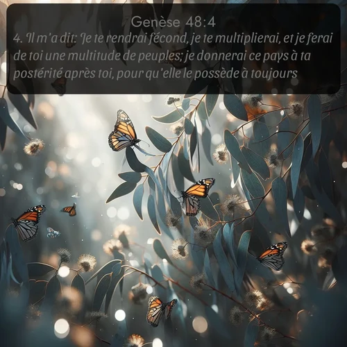 Segond Genèse  ; image nature: image avec le verset biblique :Il m&#039;a dit: Je te rendrai fécond, je te multiplierai, et je ferai de toi une multitude de peuples; je donnerai ce pays à ta postérité après toi, pour qu&#039;elle le possède à toujours. ;  ; 48:4