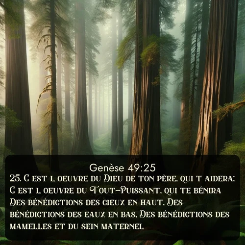 Segond Genèse  ; image nature: image avec le verset biblique :C&#039;est l&#039;oeuvre du Dieu de ton père, qui t&#039;aidera; C&#039;est l&#039;oeuvre du Tout-Puissant, qui te bénira Des bénédictions des cieux en haut, Des bénédictions des eaux en bas, Des bénédictions des mamelles et du sein maternel. ;  ; 49:25