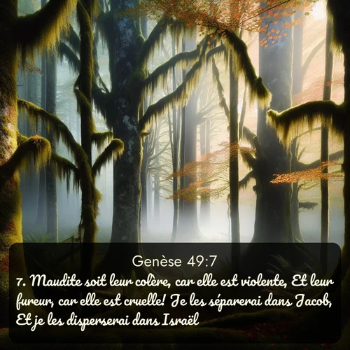 Segond Genèse  ; image nature: image avec le verset biblique :Maudite soit leur colère, car elle est violente, Et leur fureur, car elle est cruelle! Je les séparerai dans Jacob, Et je les disperserai dans Israël. ;  ; 49:7