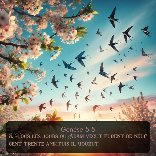 Segond Genèse  ; image nature: image avec le verset biblique :Tous les jours qu&#039;Adam vécut furent de neuf cent trente ans; puis il mourut. ;  ; 5:5