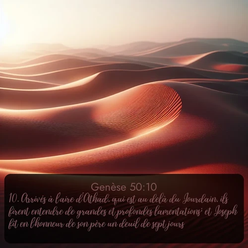 Segond Genèse  ; image nature: image avec le verset biblique :Arrivés à l&#039;aire d&#039;Athad, qui est au delà du Jourdain, ils firent entendre de grandes et profondes lamentations; et Joseph fit en l&#039;honneur de son père un deuil de sept jours. ;  ; 50:10