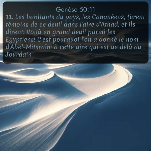 Segond Genèse  ; image nature: image avec le verset biblique :Les habitants du pays, les Cananéens, furent témoins de ce deuil dans l&#039;aire d&#039;Athad, et ils dirent: Voilà un grand deuil parmi les Egyptiens! C&#039;est pourquoi l&#039;on a donné le nom d&#039;Abel-Mitsraïm à cette aire qui est au delà du Jourdain. ;  ; 50:11
