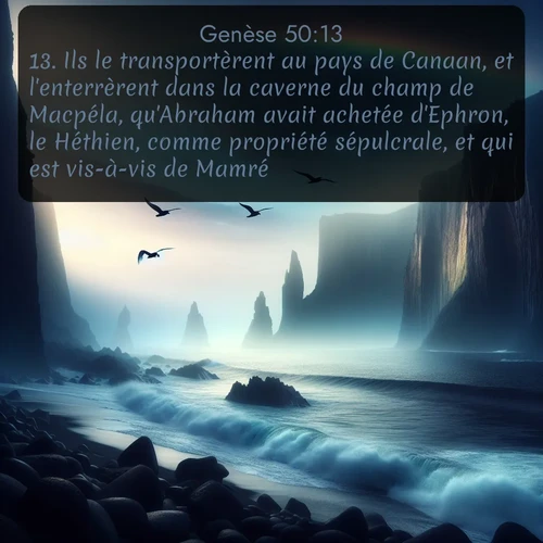 Segond Genèse  ; image nature: image avec le verset biblique :Ils le transportèrent au pays de Canaan, et l&#039;enterrèrent dans la caverne du champ de Macpéla, qu&#039;Abraham avait achetée d&#039;Ephron, le Héthien, comme propriété sépulcrale, et qui est vis-à-vis de Mamré. ;  ; 50:13