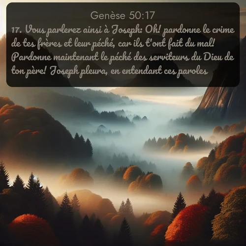 Segond Genèse  ; image nature: image avec le verset biblique :Vous parlerez ainsi à Joseph: Oh! pardonne le crime de tes frères et leur péché, car ils t&#039;ont fait du mal! Pardonne maintenant le péché des serviteurs du Dieu de ton père! Joseph pleura, en entendant ces paroles. ;  ; 50:17