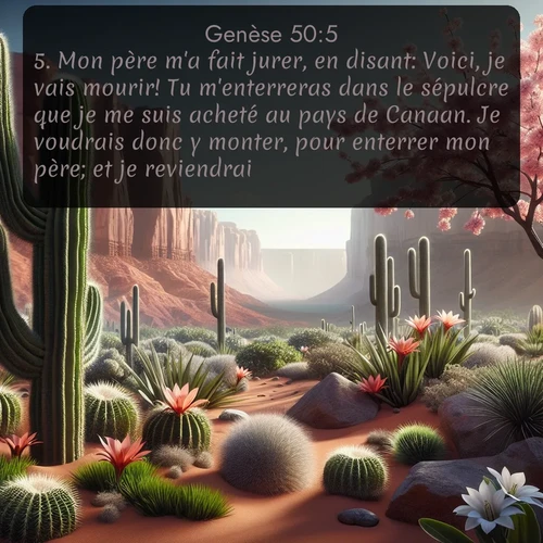 Segond Genèse  ; image nature: image avec le verset biblique :Mon père m&#039;a fait jurer, en disant: Voici, je vais mourir! Tu m&#039;enterreras dans le sépulcre que je me suis acheté au pays de Canaan. Je voudrais donc y monter, pour enterrer mon père; et je reviendrai. ;  ; 50:5