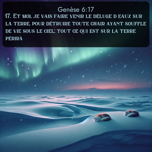 Segond Genèse  ; image nature: image avec le verset biblique :Et moi, je vais faire venir le déluge d&#039;eaux sur la terre, pour détruire toute chair ayant souffle de vie sous le ciel; tout ce qui est sur la terre périra. ;  ; 6:17