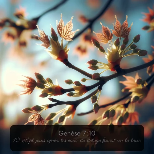 Segond Genèse  ; image nature: image avec le verset biblique :Sept jours après, les eaux du déluge furent sur la terre. ;  ; 7:10