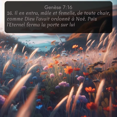 Segond Genèse  ; image nature: image avec le verset biblique :Il en entra, mâle et femelle, de toute chair, comme Dieu l&#039;avait ordonné à Noé. Puis l&#039;Eternel ferma la porte sur lui. ;  ; 7:16