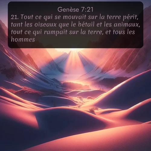 Segond Genèse  ; image nature: image avec le verset biblique :Tout ce qui se mouvait sur la terre périt, tant les oiseaux que le bétail et les animaux, tout ce qui rampait sur la terre, et tous les hommes. ;  ; 7:21