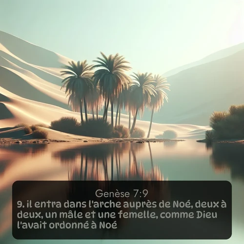 Segond Genèse  ; image nature: image avec le verset biblique :il entra dans l&#039;arche auprès de Noé, deux à deux, un mâle et une femelle, comme Dieu l&#039;avait ordonné à Noé. ;  ; 7:9