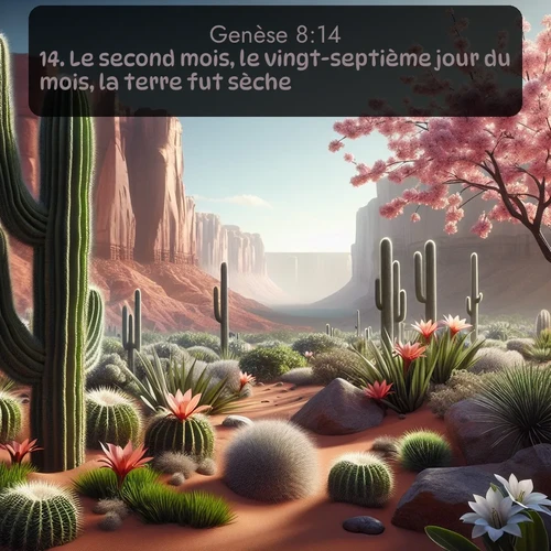 Segond Genèse  ; image nature: image avec le verset biblique :Le second mois, le vingt-septième jour du mois, la terre fut sèche. ;  ; 8:14