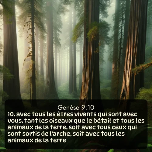 Segond Genèse  ; image nature: image avec le verset biblique :avec tous les êtres vivants qui sont avec vous, tant les oiseaux que le bétail et tous les animaux de la terre, soit avec tous ceux qui sont sortis de l&#039;arche, soit avec tous les animaux de la terre. ;  ; 9:10