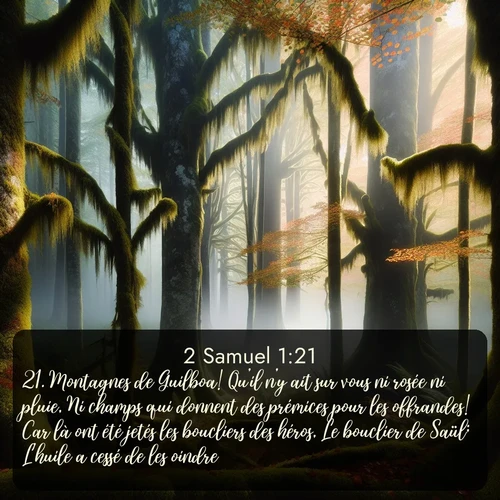 Segond 2 Samuel  ; image nature: image avec le verset biblique :Montagnes de Guilboa! Qu&#039;il n&#039;y ait sur vous ni rosée ni pluie, Ni champs qui donnent des prémices pour les offrandes! Car là ont été jetés les boucliers des héros, Le bouclier de Saül; L&#039;huile a cessé de les oindre. ;  ; 1:21